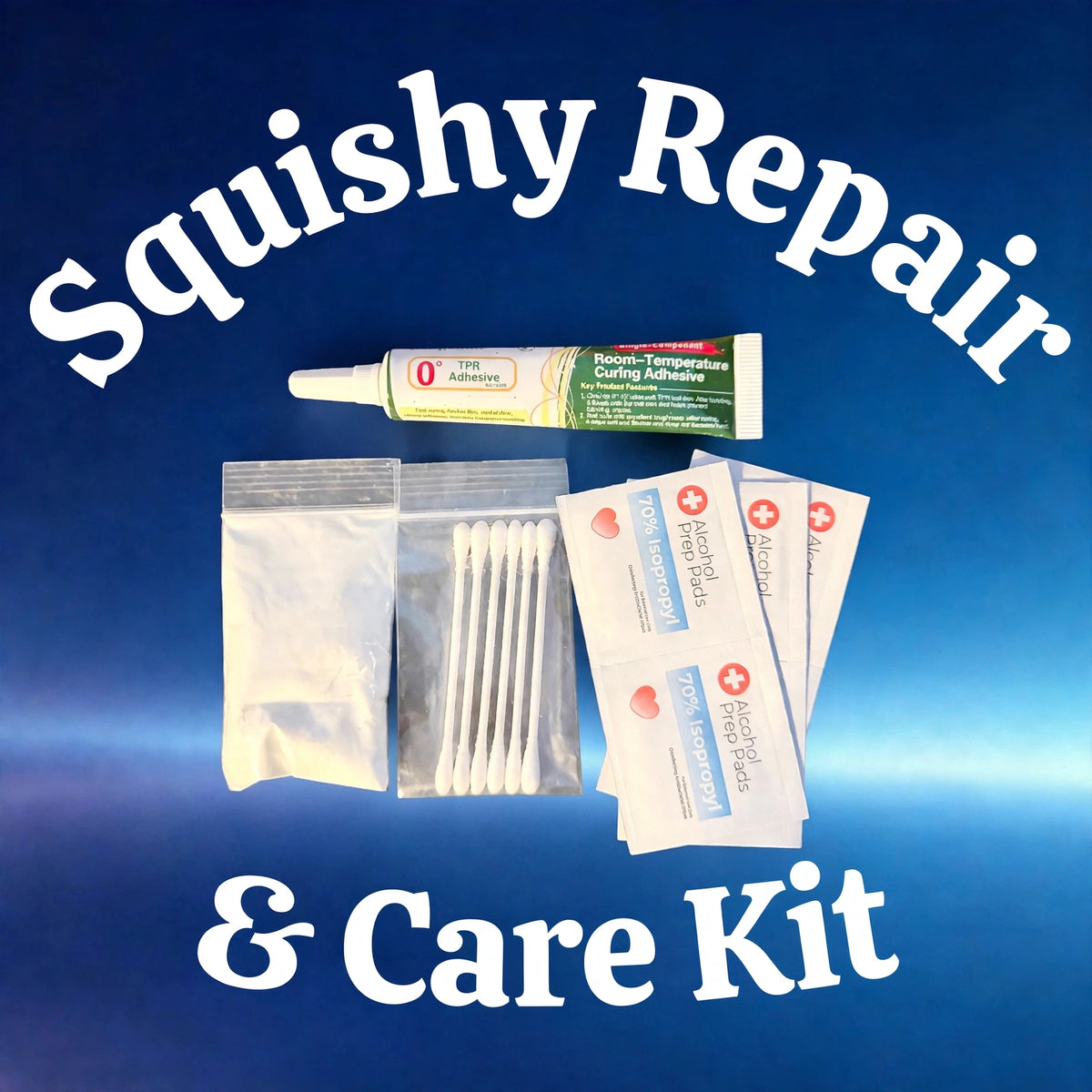 Squishy Repair & Care Kit — 30mL TPR Adhesive, Alcohol Prep Pads, Q-Tips, Cornstarch & Full Instruction Manual